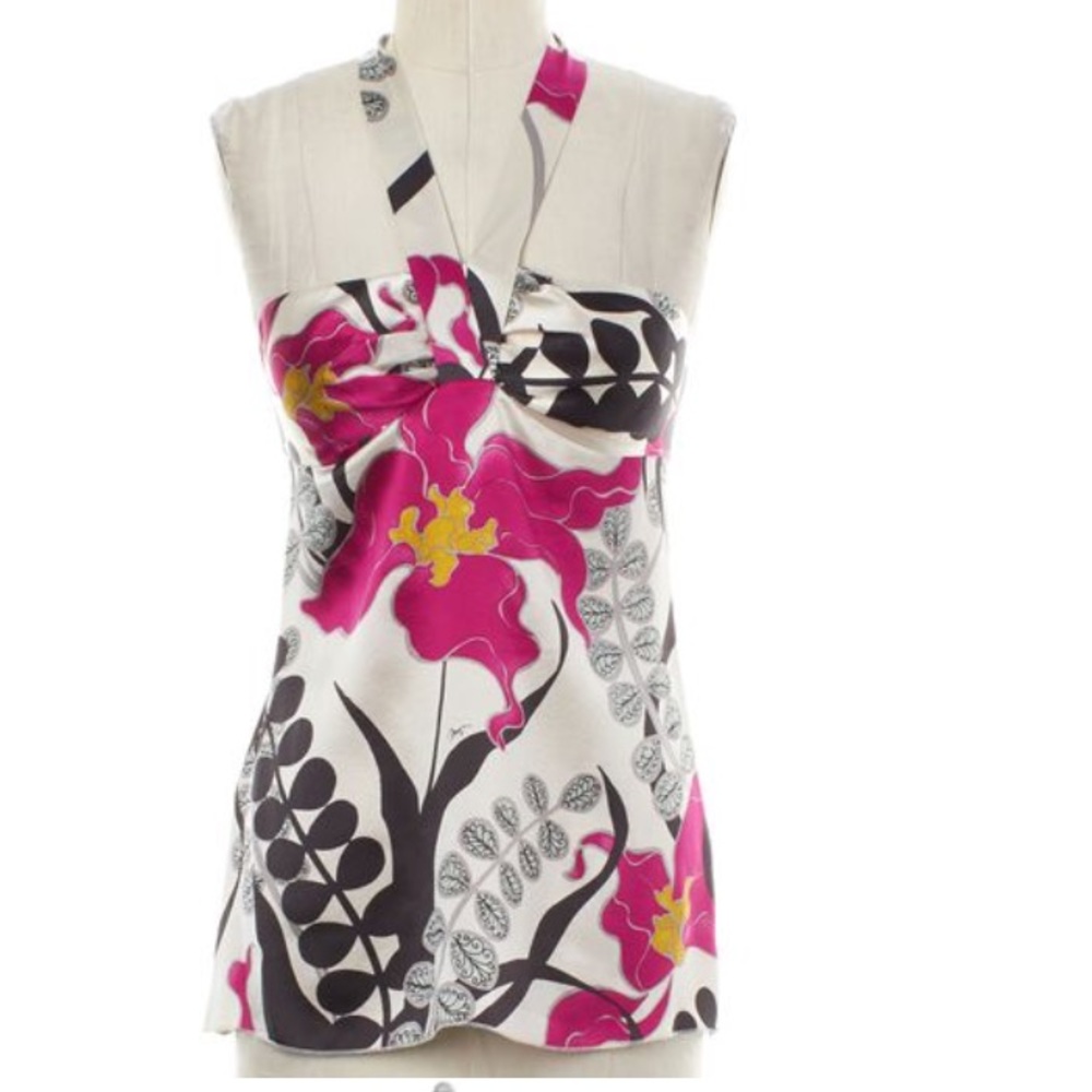 TRINA TURK Ivory Pink Floral Silk Halter Top